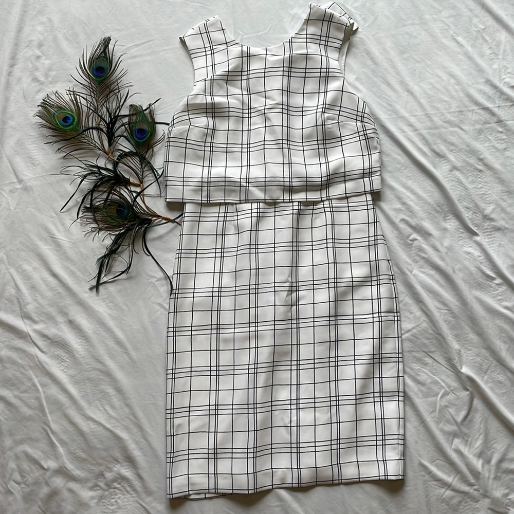 Banana Republic Windowpane White Tiered Dress with Layering Back Detail